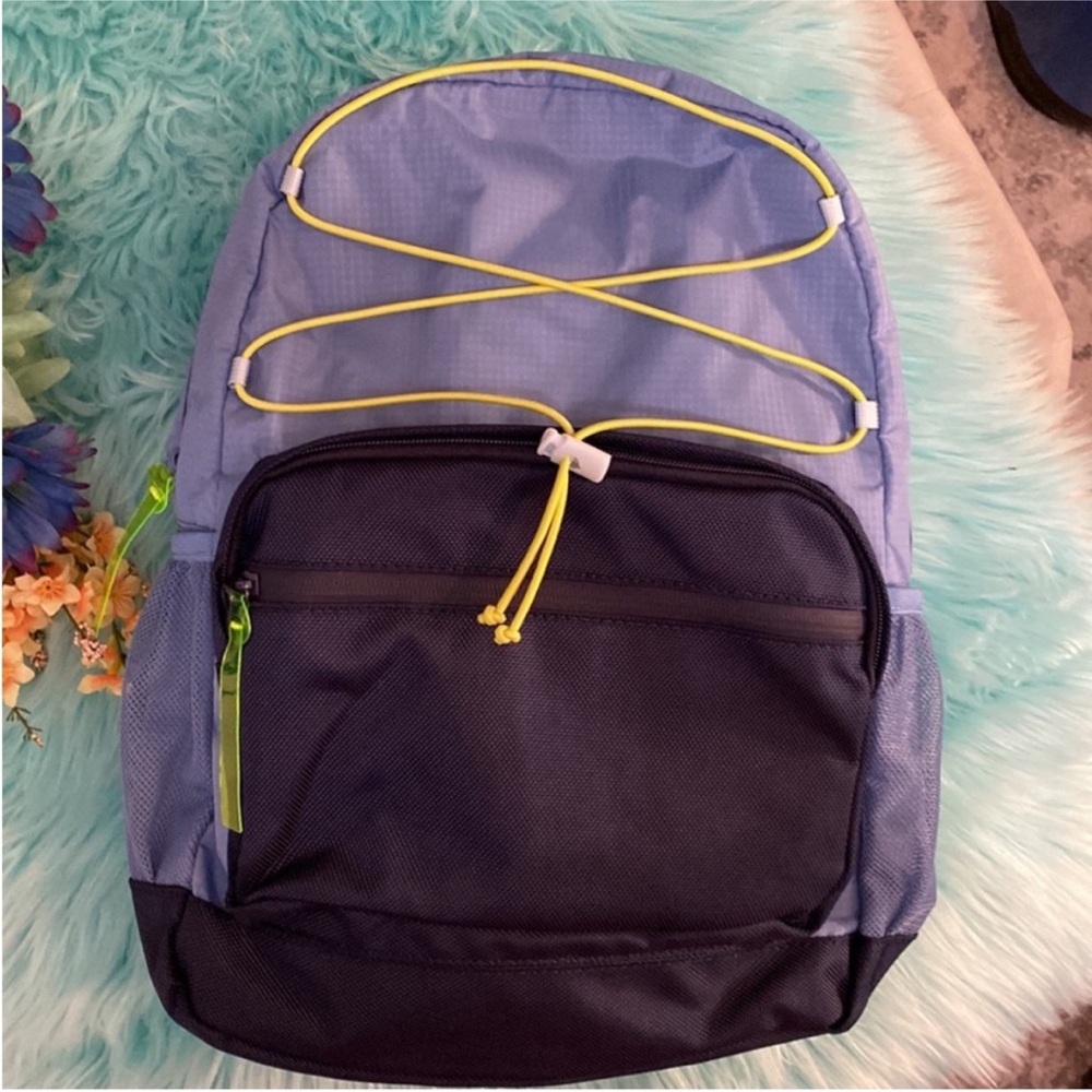 Blue Backpack School Bag With Multi Pockets Yellow & Green Accents NEW!